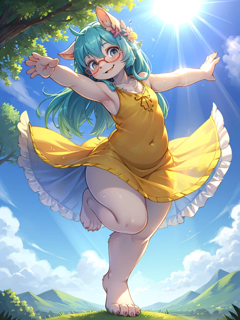 Hallucination , (ugly geek Sow) , (butterface) , relaxed Fluttering white thin huge 1fabric , Dancing on the top of hill , halation , Strong sunlight , The fabric is see-through, so your skin is visible , Divine Light , morning dew
