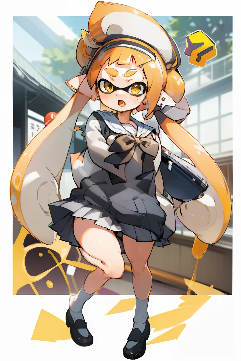 masterpiece、Highest quality、High resolution、One Splatoon girl、AS-Adult、Open Mouth Smile、（Tsundere）、Golden Eyes、(blush)、Golden ponytail tentacle hair、Gal Makeup、Earrings、accessories、shirt、Skirt、（(Huge boobs、Cleavage)）、Chirarizum、((Japanese high 、White Sailor Suit))、Seraphim、Summer clothes、Full body portrait、Real Anime、3d、school、In front of the school gate、Situational Art、