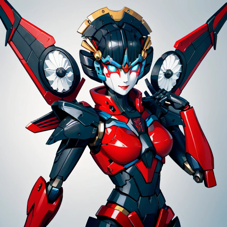 1girl, solo, windblade, robot, mecha, glowing eyes, no_humans, autobot, wings, smile, tfp_style, transformers prime, best quality, standing