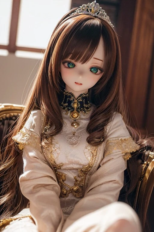 photorealistic, realistic photo, ((highest quality)), ((masterpiece)), detailed, kukolnydom, doll, (mature woman:1.6), solo, sitting on throne, green eyes, brown hair, wavy hair, (light smile, parted lips, looking down, skinny, slender, slim, blank eyes, empty eyes, detailed eyes, detailed face:1.3), princess dress, tiara, castle, 8k