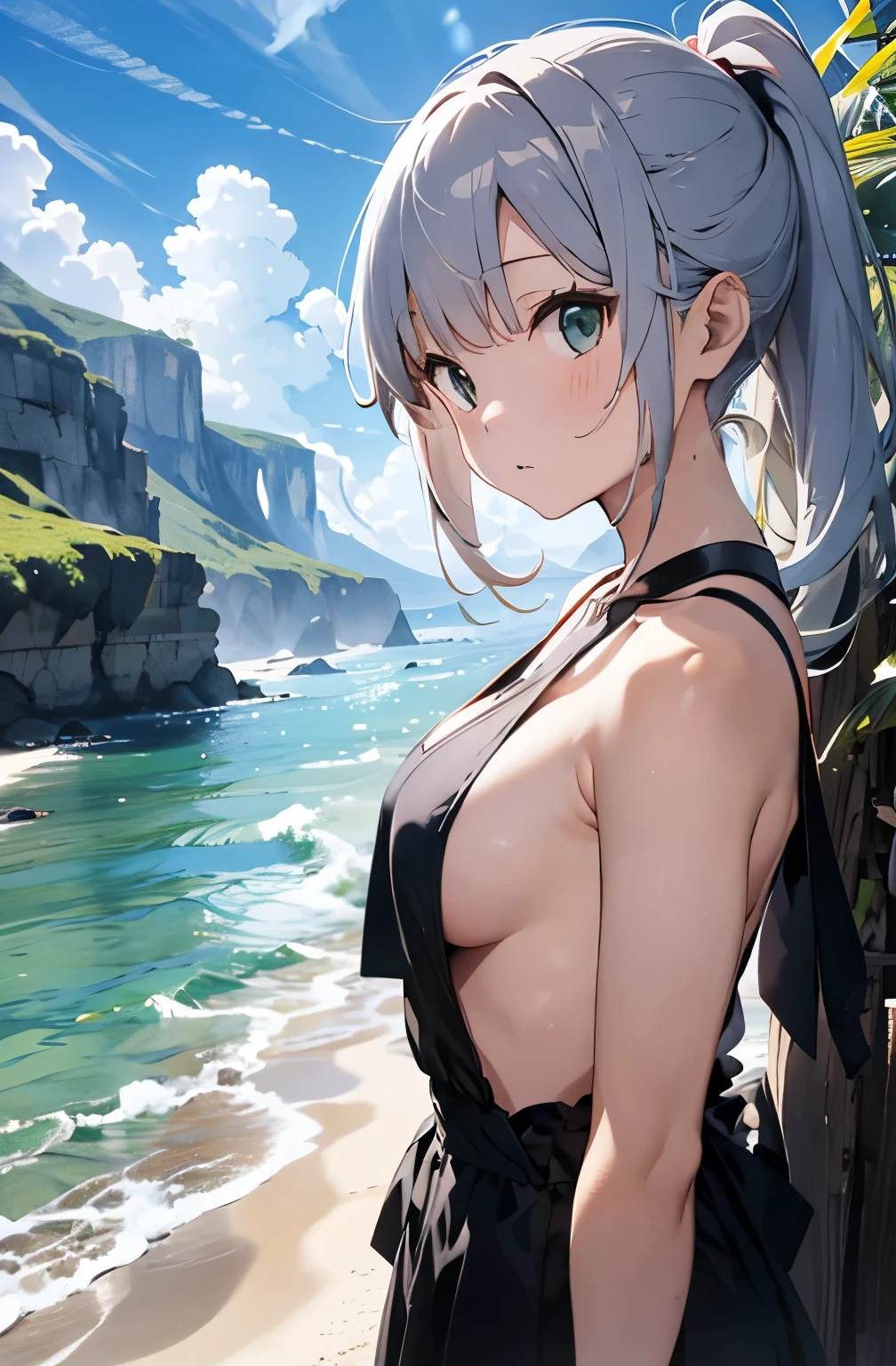 Silver-haired girl drawn in high resolution Japanese anime style、Standing alone on the white sand beach of a deserted island。She is topless、topless、Her hair is in a ponytail that sparkles in the light....。The sea in the background shines emerald green....、The beach is littered with shells and pebbles.、time々、Small waves gently wash up on the shore。Tropical wood々Swaying in the Wind、Mr....々Among the branches々Birds are singing..。wood々Colorful flowers blooming in abundance、The entire island is filled with abundant nature....。On the horizon of a distant sea、The setting sun casts a beautiful orange glow over the ocean.、It gives the whole place a mystical feel....。、Wakame seaweed、Wakame seaweed、Wakame seaweed、Wakame seaweed、Wakame seaweed、Wakame seaweed、