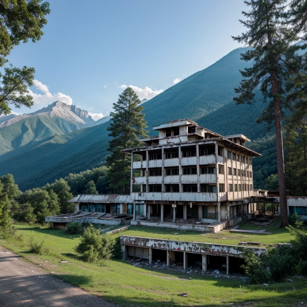 Abandoned hospital in the top of the mountain, several trees in the background of the mountains, on the shady top of the mountain, In the midnight