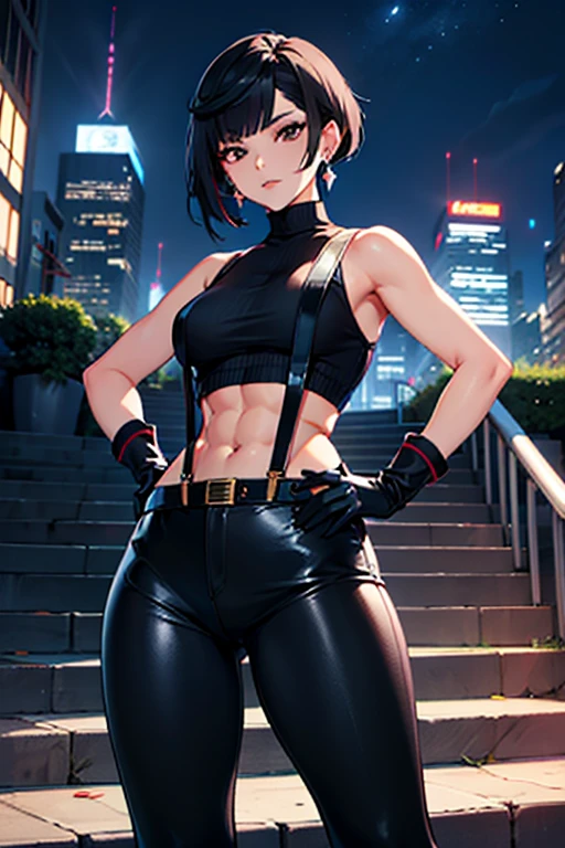 anime screencap, city, 1girl, solo, short hair, black hair, purple eyes, looking at the viewer, hair between eyes, closed mouth, smirk, top, lower chest, sleeveless, short sports shorts, female groin, bare legs, big ass, chubby legs, cum bathed, cum on hair, cum glass cum