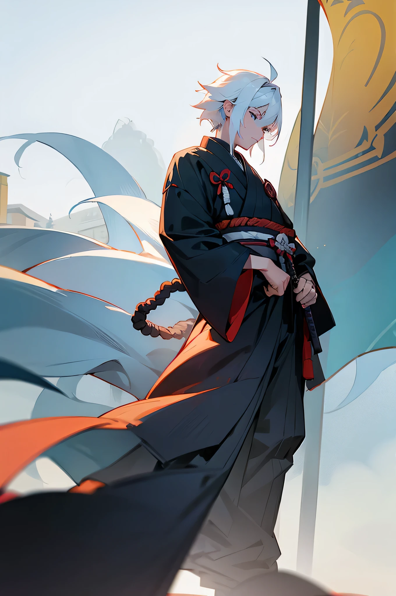  , Male, samurai Clothing, Standing pose, Town background, White hair