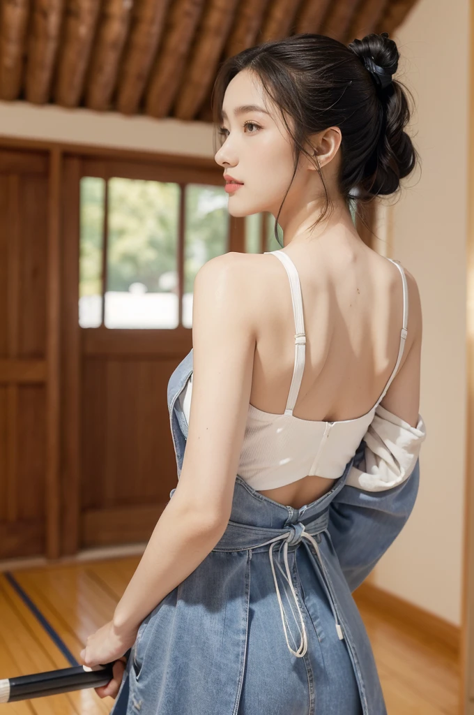 (((best quality))),(((ultra detailed))),(((masterpiece))),illustration,1girl,solo,short ponytail,slim,thin,((shoulder off,bare back,towering hips,butt crack)),white kendogi,three-quarter sleeves,maxi navy-blue kendo hakama,standing in kendo gym,(holding a bokuto in hand:1.3),arms behind back,focused and determined expression,ready for challenge,slender and elegant face,confident and resilient,fair skin,blush,neat teeth,bright smile,clean and tidy uniform,wooden gym floor,wall,pine scent,standard grip,ready to slice through obstacles,strong belief,determination,spirit of resilience,admiring,((from back,upper body))