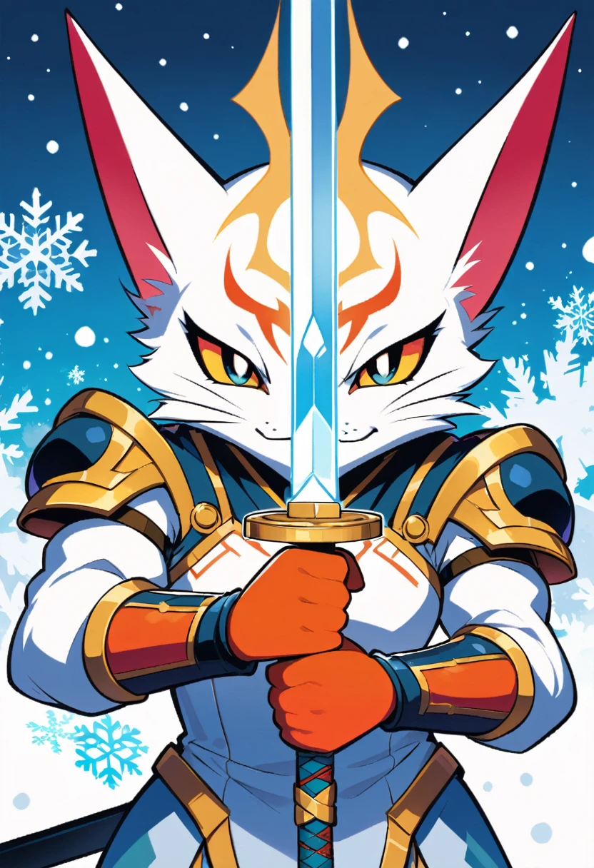 white cat warrior,Sword in both hands,sword focus,snowflake,blizzard,Snow background,Anthropomorphic cats,cartoon,