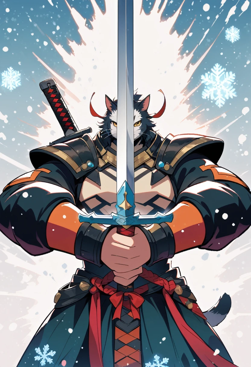 white cat warrior，Sword in both hands，sword focus，snowflake，blizzard，Snow background，Anthropomorphic cats，cartoon，