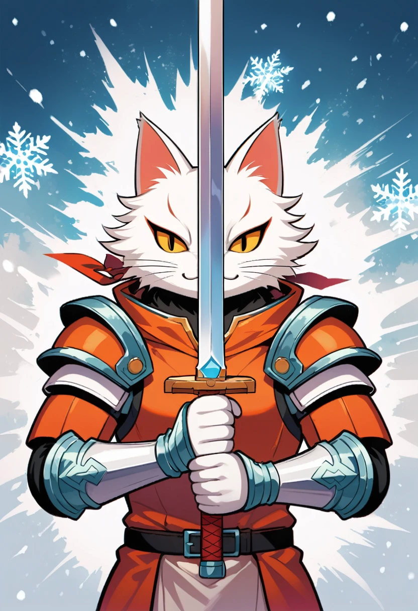 white cat warrior,Sword in both hands,sword focus,snowflake,blizzard,Snow background,Anthropomorphic cats,cartoon,