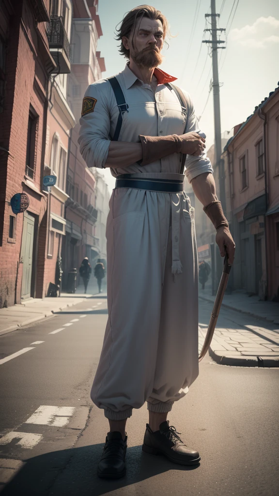 janitor man old Russian street full-length arms placed in different directions T-pose