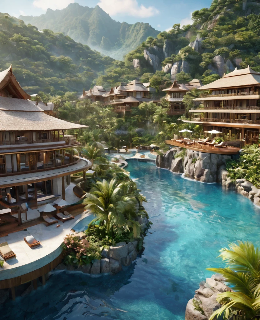 Chinese luxury resort concept design.Resort/Resorts/resort.Closeup focus on high definition luxury resort.(best quality,4K,8k,high resolution,masterpiece:1.2),Super detailed,(actual,photoactual,photo-actual:1.37)It's a hidden and unique place,As if hidden in the embrace of nature。Located at the foot of the mountain、Deep in the forest or next to a lake,Isolated from the busy city and the hustle and bustle of the world。Surrounded by natural landscape,such as dense trees、Verdant meadows、Stretching mountains or sparkling lakes。People who live here can wake up in the morning to the sound of birdsong,Admire the twinkling stars at night。This place probably has a garden too,Planted with various flowers and plants,Exudes charming fragrance.Enjoy a life that is one with nature,Soak up the peace and tranquility.Reconnect with nature,Find inner peace and balance。It’s a very relaxing resort.