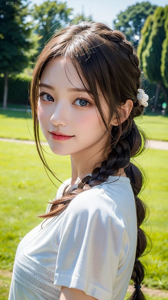 Ultra-high resolution、(Real:1.4)、8Year old girl、Beautifully detailed eyes and skin、A Little Smile、Light brown braided hair、one piece、Green Park、Movie quality、dramatic、Dramatic composition、
