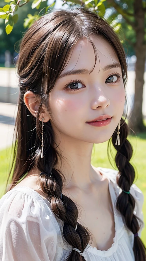 Ultra-high resolution、(Real:1.4)、8Year old girl、Beautifully detailed eyes and skin、A Little Smile、Light brown braided hair、one piece、Green Park、Movie quality、dramatic、Dramatic composition、
