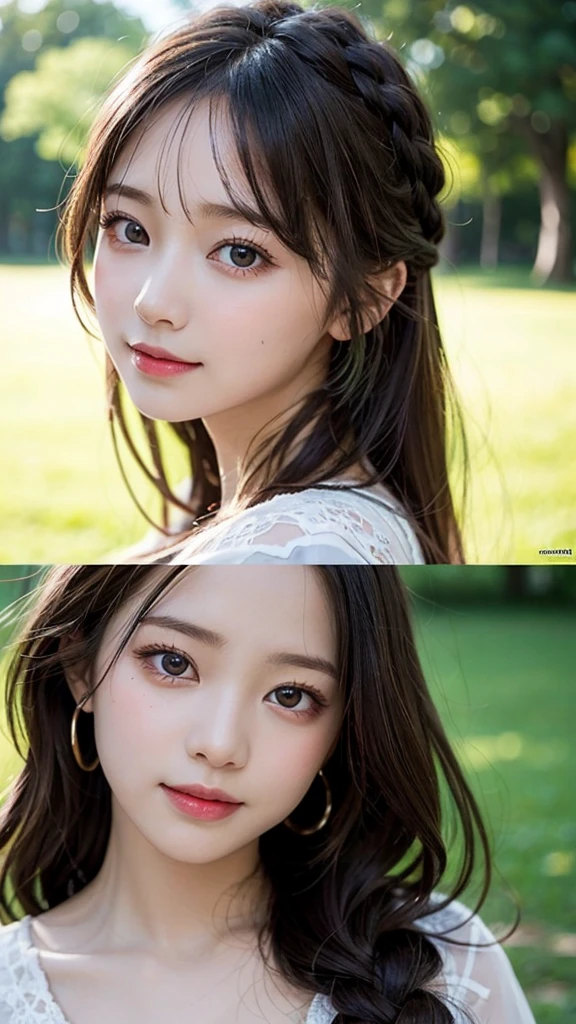 Ultra-high resolution、(Real:1.4)、８Year old girl、Beautifully detailed eyes and skin、A Little Smile、Light brown braided hair、one piece、Green Park、Movie quality、dramatic、Dramatic composition、