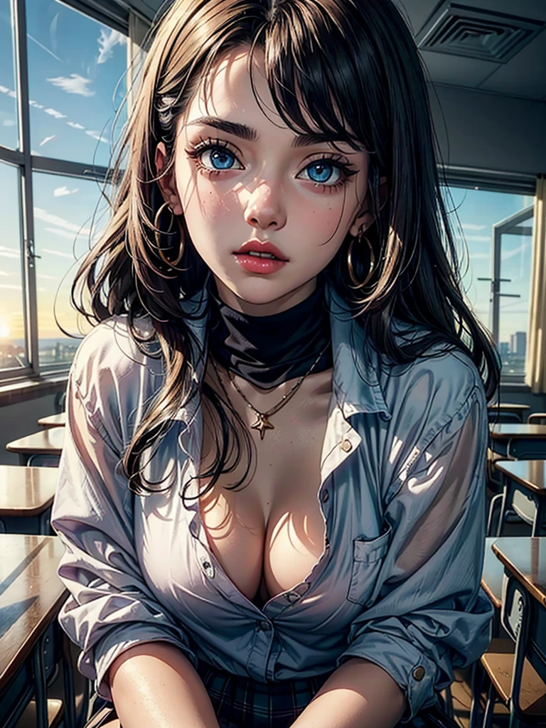 (Masterpiece: 1.3), (Maximum resolution: 1.2), (Ultra HDTV: 1.2), Cinema light, Ultra HDTV, (Detailed eyes and skin), (Detailed facial features), HDR, 8k resolution, Sharp Focus: 1.2, Perfect style, beautiful face, accurate, anatomically correct, highly detailed face and skin texture, detailed eyes, dark blue eyes, double eyelids, thin eyebrows, glitter eyeliner: 1.2, natural cheeks, glossy skin, fair skin: 1.2, shiny little necklace and earrings, (glossy lips: 1.4), BREAK, ((POV))), (((high school uniform: 1.2)))), ((Look up at me))), (Shy look: 1.2)))), (18 years old, neat girl))))), (long hair, wavy hair, blonde hair, bangs flowing diagonally), medium long hair, scene seen from above, ((Cowboy shot: 1.2)), (focus on face:1.2), (( Very intimate relationships: 1.2)), ((medium large breasts)), (Upturned breasts), (((In the classroom where the setting sun shines: 1.2)), ((Sitting opposite her on the school chair the curtains fluttering in the wind)), ((She lifted her chin:1.2)), (Staring at me)), Highly detailed face and skin texture, Detailed eyes, Double eyelids, Natural cheeks, Blue eyes, shiny little necklace and earrings, shiny lips: 1.4, cleavage, tattoos sultry look, seductive,
