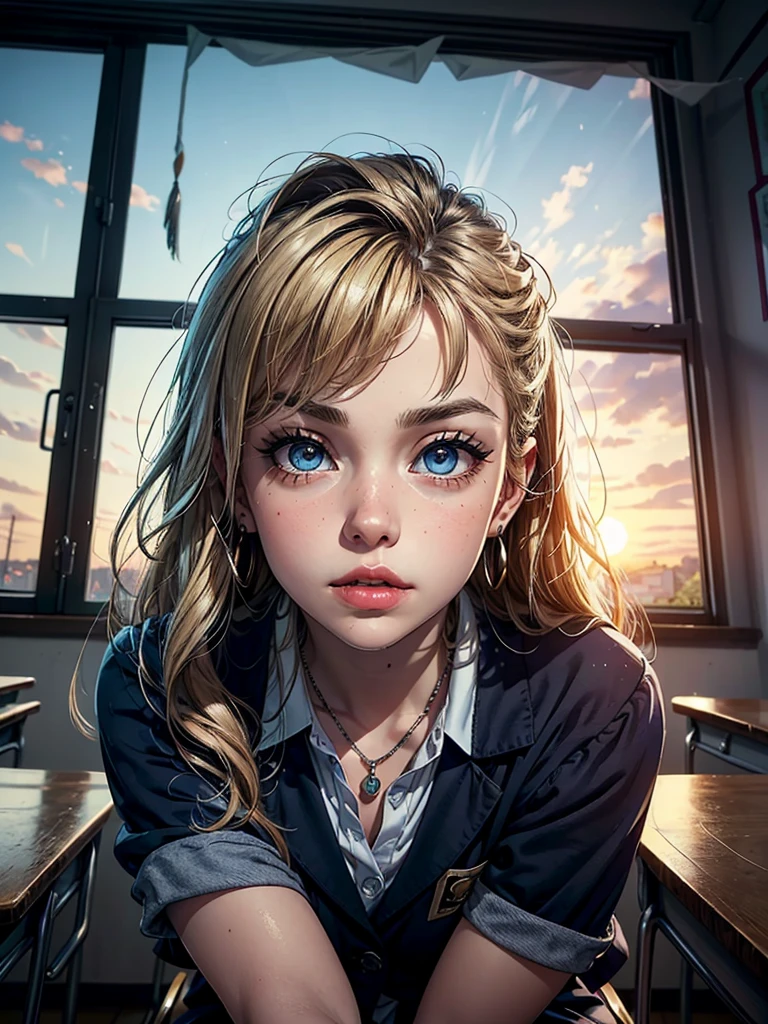 (Masterpiece: 1.3), (Maximum resolution: 1.2), (Ultra HDTV: 1.2), Cinema light, Ultra HDTV, (Detailed eyes and skin), (Detailed facial features), HDR, 8k resolution, Sharp Focus: 1.2, Perfect style, beautiful face, accurate, anatomically correct, highly detailed face and skin texture, detailed eyes, dark blue eyes, double eyelids, thin eyebrows, glitter eyeliner: 1.2, natural cheeks, glossy skin, fair skin: 1.2, shiny little necklace and earrings, (glossy lips: 1.4), BREAK, ((POV))), (((high school uniform: 1.2)))), ((Look up at me))), (Shy look: 1.2)))), (18 years old, neat girl))))), (long hair, wavy hair, blonde hair, bangs flowing diagonally), medium long hair, scene seen from above, ((Cowboy shot: 1.2)), (focus on face:1.2), (( Very intimate relationships: 1.2)), ((medium large breasts)), (Upturned breasts), (((In the classroom where the setting sun shines: 1.2)), ((Sitting opposite her on the school chair the curtains fluttering in the wind)), ((She lifted her chin:1.2)), (Staring at me)), Highly detailed face and skin texture, Detailed eyes, Double eyelids, Natural cheeks, Blue eyes, shiny little necklace and earrings, shiny lips: 1.4, cleavage, tattoos sultry look, seductive,