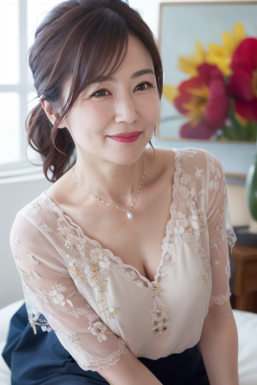 beautiful mature 55 year old japanese woman, married woman, detailed wrinkles, long eyelashes, shiny eyes, low ponytail, red lipstick, elegant, gorgeous figure, pearl necklace, summer outfit, low-cut blouse, floral slit skirt, photoshoot, cute pose, (best quality,4k,8k,highres,masterpiece:1.2),ultra-detailed,(realistic,photorealistic,photo-realistic:1.37),HDR,UHD,studio lighting,ultra-fine painting,sharp focus,physically-based rendering,extreme detail description,professional,vivid colors,bokeh,portrait