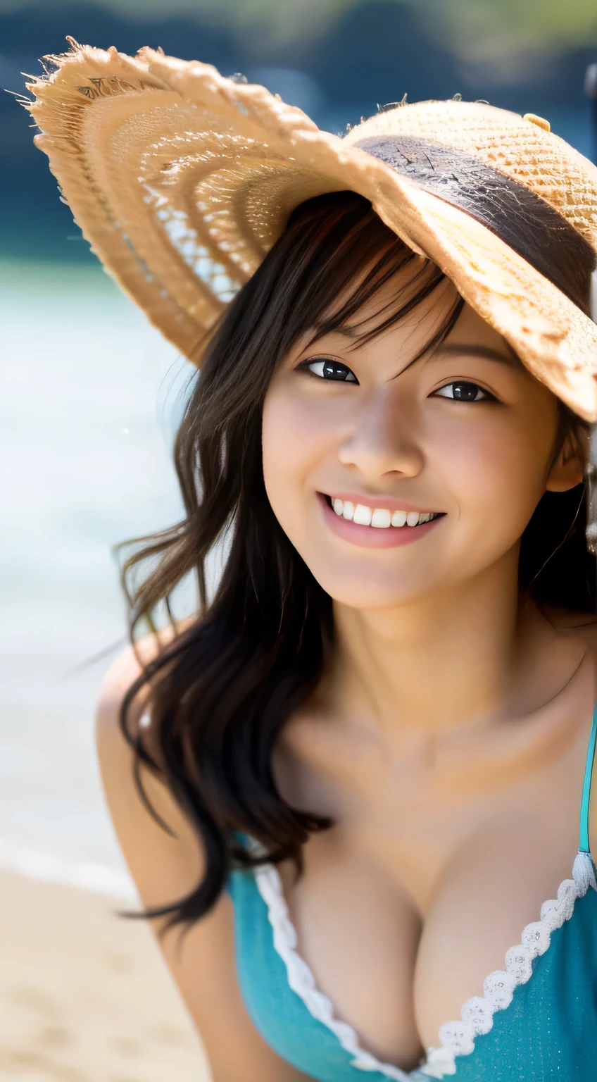 masterpiece,best quality,(Japanese ),((Beautiful girl)),cleavage,(perfect body beauty:1.2),(shy smile),beautiful teeth,(straw hat),(seaside),