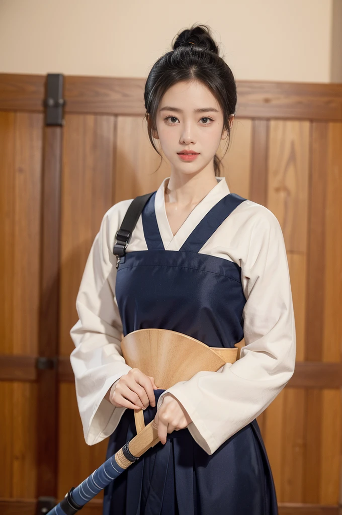 (((best quality))),(((ultra detailed))),(((masterpiece))),illustration,1girl,solo,tonogui,short ponytail,slim,thin,small breasts,flat chest,white collar,white kendogi,three-quarter sleeves,maxi navy-blue kendo hakama,standing in kendo gym,(holding a bokuto in hand:1.3),arms behind back,focused and determined expression,ready for challenge,slender and elegant face,confident and resilient,fair skin,blush,neat teeth,bright smile,clean and tidy uniform,wooden gym floor,wall,pine scent,standard grip,ready to slice through obstacles,strong belief,determination,spirit of resilience,admiring,from front,upper body,