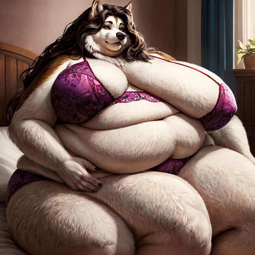 Malamute ,female, long hair, huge breasts, huge hips, huge thighs, plump, voluptuous, morbidly obese, fat arms, fat legs, belly rolls, gorgeous, beautiful, eyelashes, feminine, realistic, huge body, corpulent, massive silhouette, feminine,fat arms, fat legs,fat rolls, saggy breasts, chubby cheeks, double chin , belly overhang, flabby ly ,fat face,underwear, bra,panties, realistic , gorgeous, beautiful, eyelashes ,cute, sitting in bed,fat neck 