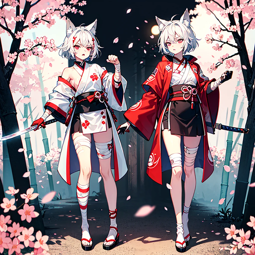 cartoon,8kcg,high quality,Faint sunshine,There are several small trees,White and tender skin,High Detail,Girl ninja,Wolf ears,White hair,Black socks,Red wooden slippers,Red and white striped gloves,The left hand holds a long sakura-patterned sword,Right fist,Pink cherry blossom pupils,Wearing an amulet,Right forearm is bandaged with a thin decorative white bandage,The bandage is painted with a simple cherry blossom symbol totem,Red and white cherry blossom themed ninja costume,Angry expression,Black knee-length tabi,Fishnet Bandeau,Standing with legs spread out blocking our view,bamboo forest