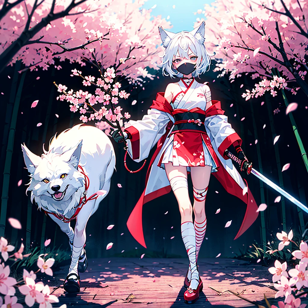 cartoon，8kcg，high quality，Faint sunshine，There are several small trees，White and tender skin，High Detail，Girl ninja，Wolf ears，White hair，Black socks，Red wooden slippers，Red and white striped gloves，The left hand holds a long sakura-patterned sword，Right fist，Pink cherry blossom pupils，Wearing an amulet，Right forearm is bandaged with a thin decorative white bandage，The bandage is painted with a simple cherry blossom symbol totem，Red and white cherry blossom themed ninja costume，Angry expression，Black knee-length tabi，Fishnet Bandeau，Standing with legs spread out blocking our view，bamboo forest