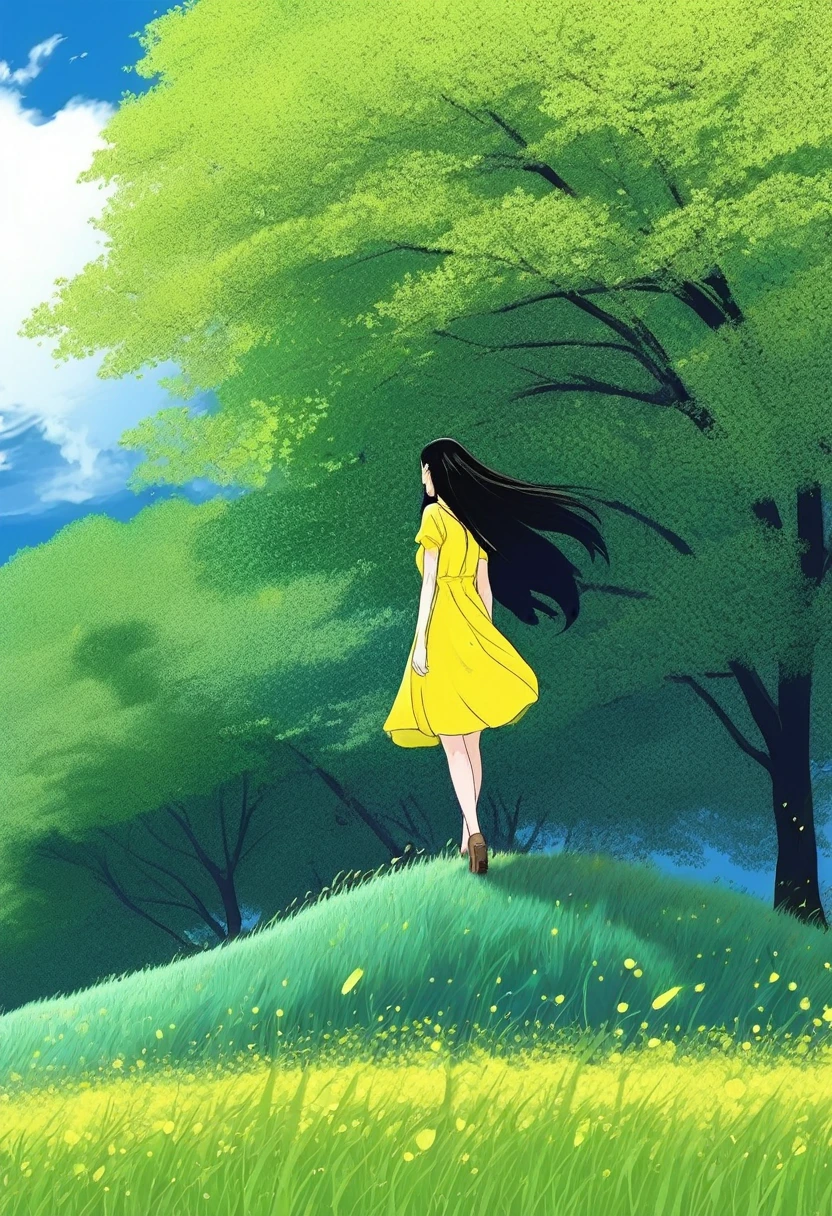 a woman in a yellow dress, long black hair walking in a green meadow looking at the blue sky. manga style,