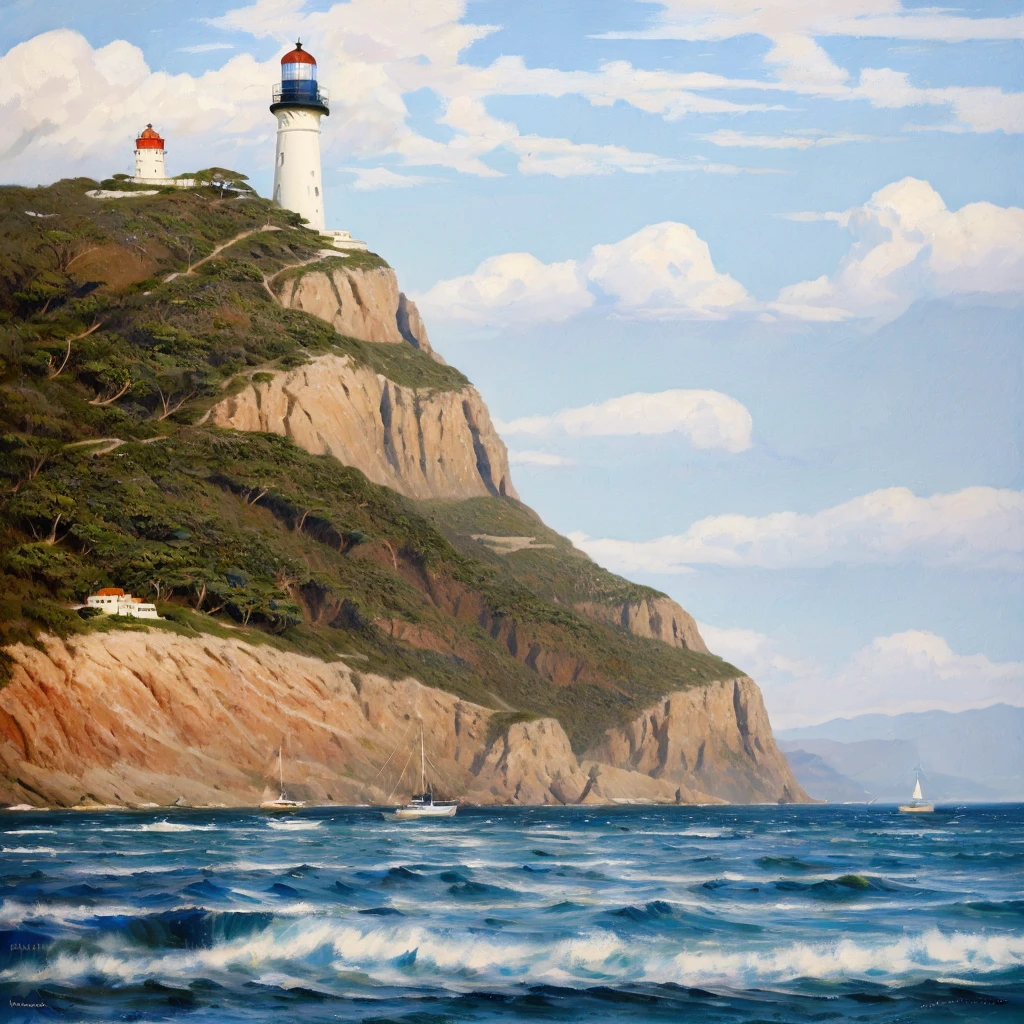 (masterpiece, best quality:1.1), wide angle, from below, (white cliff), mountain, blue ocean, low tide, sea waves, rocky beach, contrail, seagulls, horizon, breeze, summer, morning, sunny, cloud, calm, fresh air, sailboats, lighthouse, depth of field