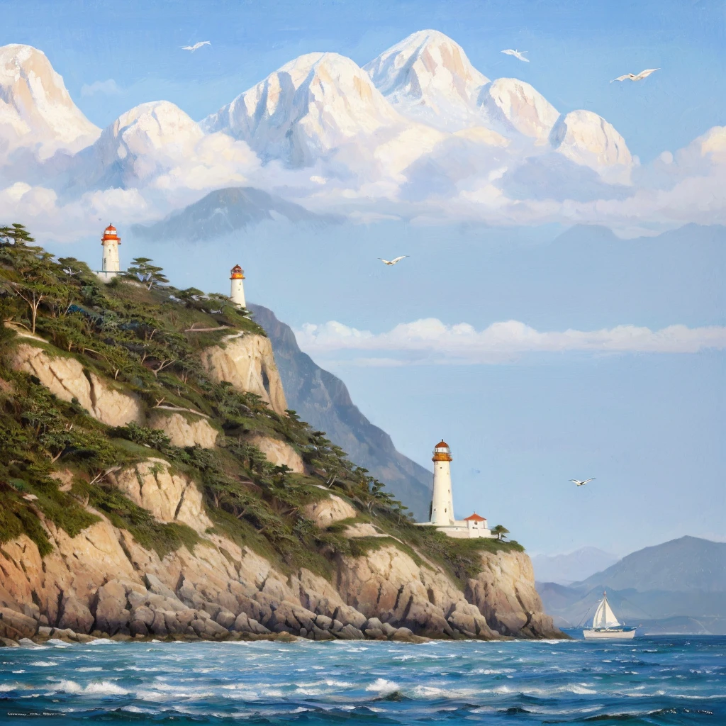 (masterpiece, best quality:1.1), wide angle, from below, (white cliff), mountain, blue ocean, low tide, sea waves, rocky beach, contrail, seagulls, horizon, breeze, summer, morning, sunny, cloud, calm, fresh air, sailboats, lighthouse, depth of field