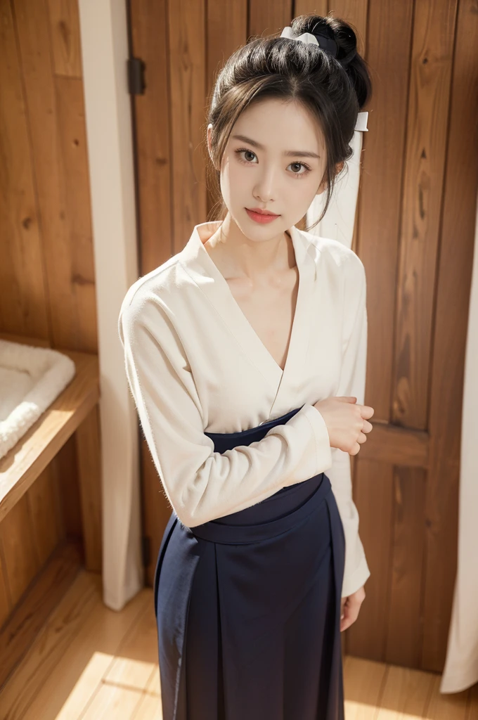 (((best quality))),(((ultra detailed))),(((masterpiece))),illustration,1girl,solo,short ponytail,slim,thin,small breasts,flat chest,white collar,white kendogi,three-quarter sleeves,maxi navy-blue kendo hakama,slender legs,standing in kendo gym,(holding a bokuto:1.3),arms behind back,focused and determined expression,ready for challenge,slender and elegant face,confident and resilient,fair skin,blush,neat teeth,bright smile,clean and tidy uniform,wooden gym floor,wall,pine scent,standard grip,ready to slice through obstacles,strong belief,determination,spirit of resilience,admiring,from front,full body,bare feet
