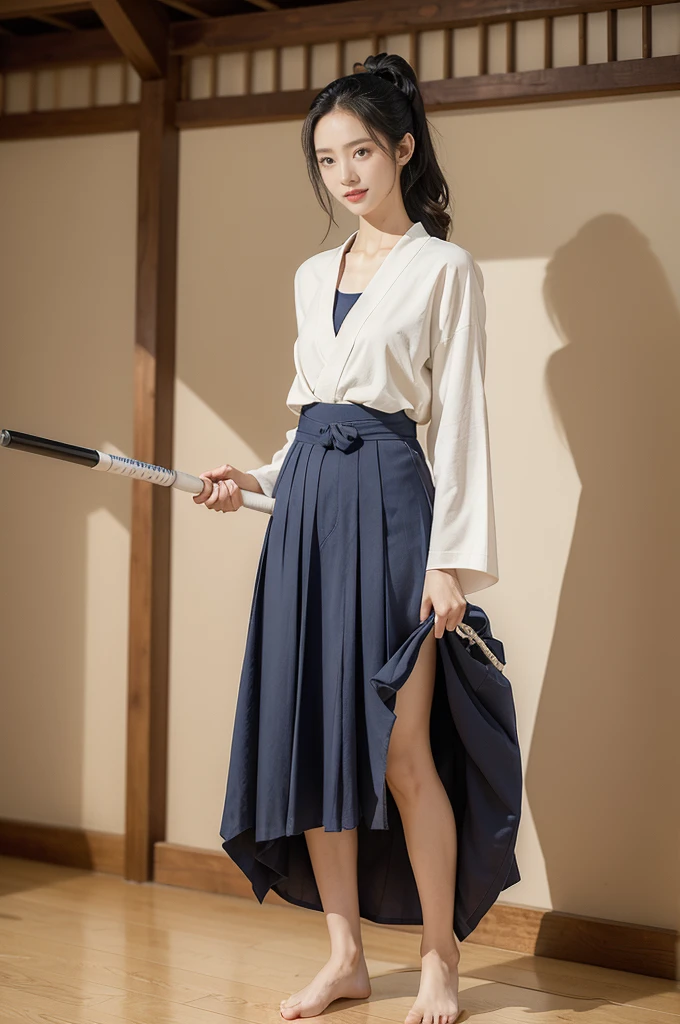 (((best quality))),(((ultra detailed))),(((masterpiece))),illustration,1girl,solo,short ponytail,slim,thin,small breasts,flat chest,white collar,white kendogi,three-quarter sleeves,maxi navy-blue kendo hakama,slender legs,standing in kendo gym,(holding a bokuto:1.3),arms behind back,focused and determined expression,ready for challenge,slender and elegant face,confident and resilient,fair skin,blush,neat teeth,bright smile,clean and tidy uniform,wooden gym floor,wall,pine scent,standard grip,ready to slice through obstacles,strong belief,determination,spirit of resilience,admiring,from front,full body,bare feet