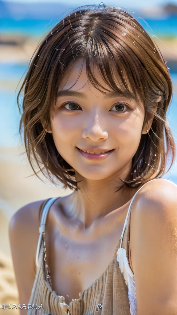 Highest quality, Realistic, Very detailed, finely, High resolution, 8k wallpaper, Professional, High level of detail, ((18-year-old girl:1.2)), Slender Japanese women,Pretty lips, (Beautiful long eyelashes:1.2)、Collarbone Detail, Perfect Face, (cute short bob hair:1.5),Highest quality,Ultra-clear resolution,Clear Eyes,White skin,Perfect big breasts,have perfect legs,(Sandy beach with a view of the sea:1.5)、(A serious expression and a kind smile:1.5)、Random eyes