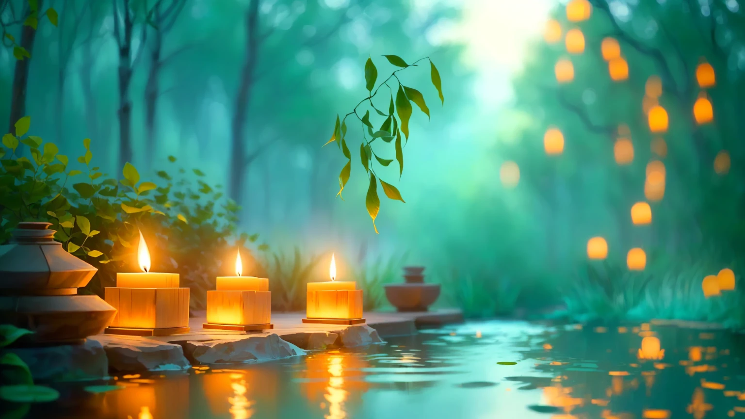 candles are lit in a pond of water with a tree in the background, floating candles, peaceful ambience, serene evening atmosphere, relaxing atmosphere, relaxing environment, glowing candles, serene lighting, lit candles, lit with candles, peaceful and serene, peaceful atmosphere, natural candle lighting, beautiful ambiance, relaxing mood, evening ambience, shutterstock, floating lights