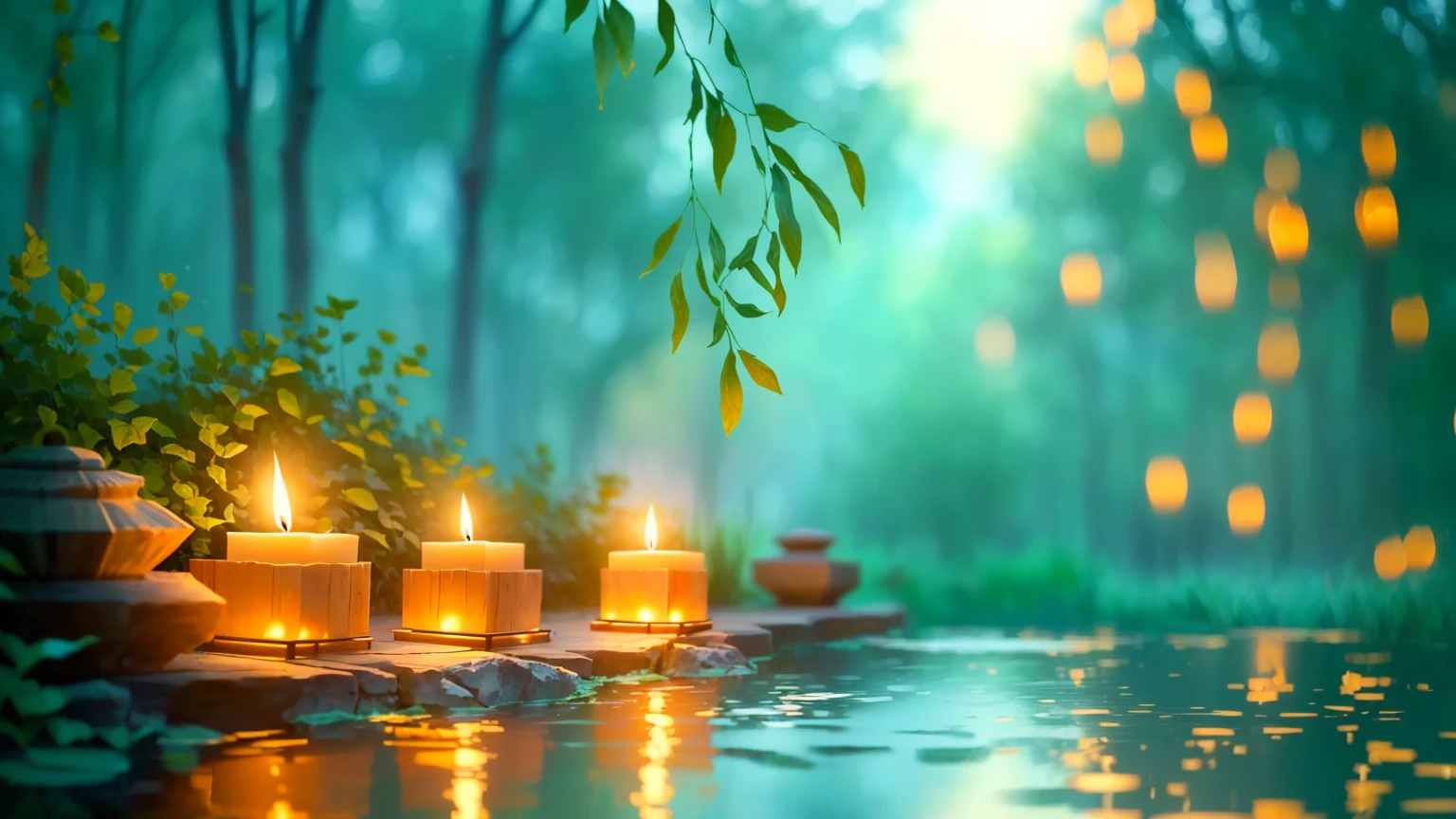 candles are lit in a pond of water with a tree in the background, floating candles, peaceful ambience, serene evening atmosphere, relaxing atmosphere, relaxing environment, glowing candles, serene lighting, lit candles, lit with candles, peaceful and serene, peaceful atmosphere, natural candle lighting, beautiful ambiance, relaxing mood, evening ambience, shutterstock, floating lights