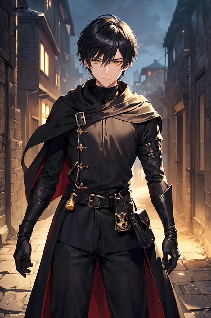 (masterpiece; best quality: 1.2), (finely detailed eyes: 1.3), ((25 year old man)), ((solo)), (yellow eyes: 1.4), (body; lithe, lean, slender: 1.3), (very short black hair: 1.3), (beautiful and clear background: 1.2), ((depth of field)), (clothes: black assassin attire + black high-neck tunic + black pants + black gloves + black cloak + belts + traveler pouches and satchel: 1.3), (anime illustration: 1.2), (background; medieval slums alleyway + night: 1.1), (extremely fine and handsome: 1.1), (shot composition; standing + centered on torso + close-up: 1.5), (expression; calm, stoic: 1.2)