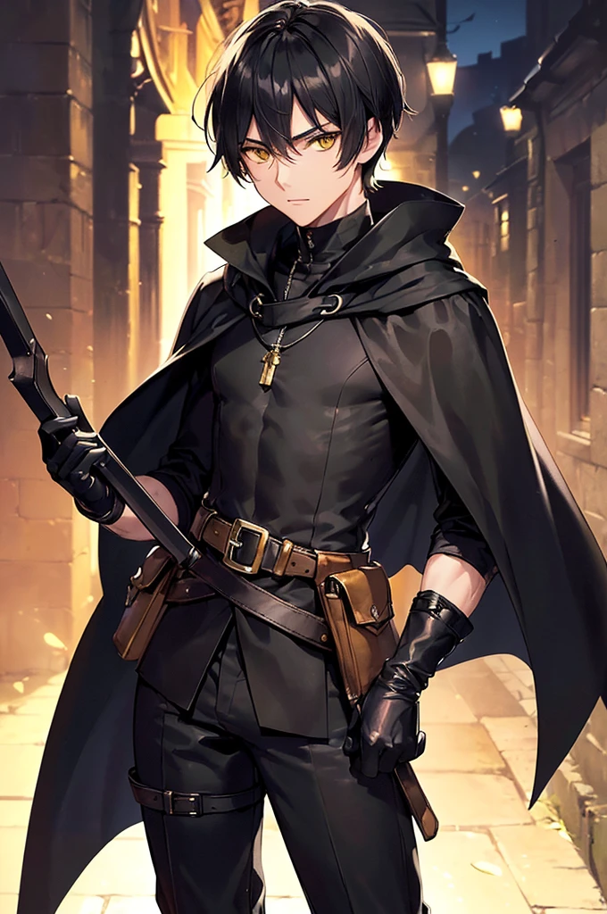 (masterpiece; best quality: 1.2), (finely detailed eyes: 1.3), ((25 year old man)), ((solo)), (yellow eyes: 1.4), (body; lithe, lean, slender: 1.3), (very short black hair: 1.3), (beautiful and clear background: 1.2), ((depth of field)), (clothes: black assassin attire + black high-neck tunic + black pants + black gloves + black cloak + belts + traveler pouches and satchel: 1.3), (anime illustration: 1.2), (background; medieval slums alleyway + night: 1.1), (extremely fine and handsome: 1.1), (shot composition; standing + centered on torso + close-up: 1.5), (expression; calm, stoic: 1.2)