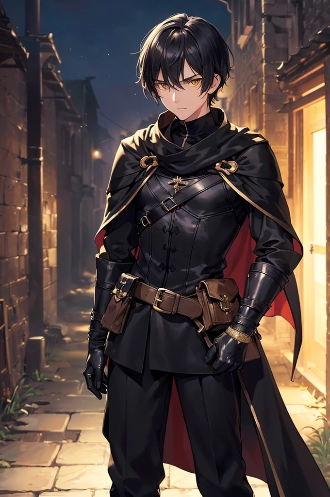 (masterpiece; best quality: 1.2), (finely detailed eyes: 1.3), ((25 year old man)), ((solo)), (yellow eyes: 1.4), (body; lithe, lean, slender: 1.3), (very short black hair: 1.3), (beautiful and clear background: 1.2), ((depth of field)), (clothes: black assassin attire + black high-neck tunic + black pants + black gloves + black cloak + belts + traveler pouches and satchel: 1.3), (anime illustration: 1.2), (background; medieval slums alleyway + night: 1.1), (extremely fine and handsome: 1.1), (shot composition; standing + centered on torso + close-up: 1.5), (expression; calm, stoic: 1.2)
