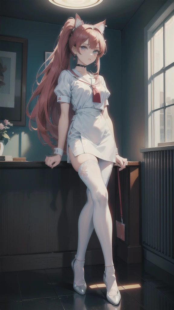 Masterpiece, top quality, best quality, official art, beautiful and aesthetic, anime, 1girl,extremely detailed, colorful, more detailed ((ultra-detailed)), (highly detailed CG illustration),Best Quality, High resolution, Unity 8k Wallpaper, (Illustration:0.8), (Beautiful detailed eyes:1.6), extra detailed face, Perfect Lighting, extremely details CG, (Perfect hands, Perfect Anatomy),hospital,in school,nurse,doctor,red long hair, cat ears,ponytail,blue eyes, barrette,black choker,earrings,skinny fit,small breast,white nurse uniform,white pantyhose,in center of room,,looking in camera, full body shot.