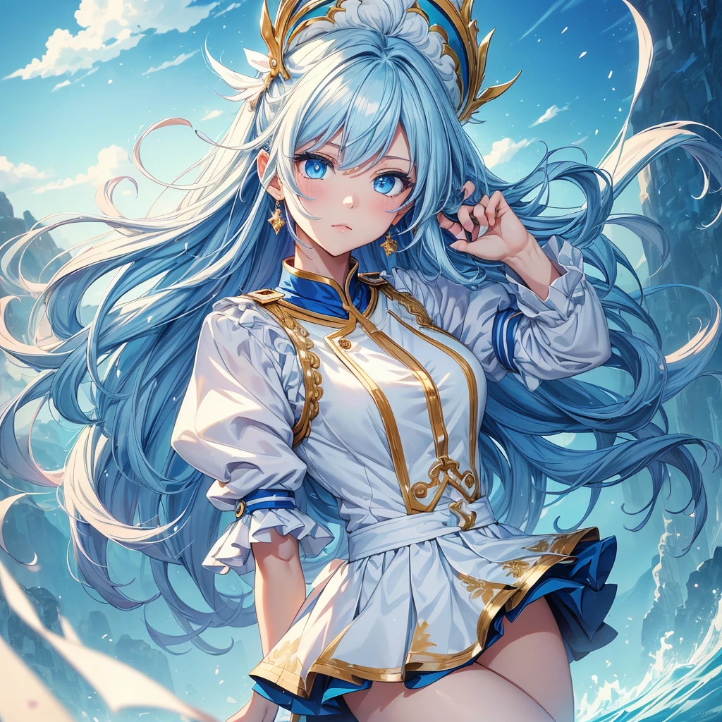 (((Masterpiece、Highest quality、Official Art、Super detailed、Handsome face、Dynamic composition)))、Anime Style、(Milky white and blue hair:1.3),(blue eyes:1.4),(Bright colors:1.4),((麻の葉background:1.3)),, Cool girl in marching band uniform, mini skirt, Frills, 黒 and blue outfit,（background:Large red flag on the back with gold floral embroidery, Note, )