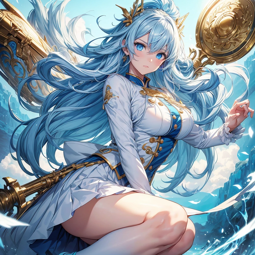 (((Masterpiece、Highest quality、Official Art、Super detailed、Handsome face、Dynamic composition)))、Anime Style、(Milky white and blue hair:1.3),(blue eyes:1.4),(Bright colors:1.4),((麻の葉background:1.3)),, Cool girl in marching band uniform, mini skirt, Frills, 黒 and blue outfit,(background:Large red flag on the back with gold floral embroidery, Note, )