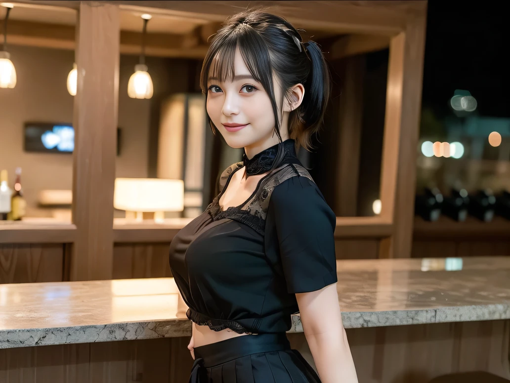 (Highest quality, masterpiece, Ultra-high resolution, 8K, RAW Photos, Realistic, Anatomically correct:1.5), 20-year-old girl:1.2, Embarrassing, avert your eyes, blush:1.0, View Viewer, ((bar)) 、Night view、 Light:1.2, Bokeh, Cinema Lighting:1.0, Depth of written boundary, sharp、 Cute face、Idol、Black short sleeve lace top、Black pleated skirt、Black clothing、”dwarf”、(Floral clothes)、(Full Body Shot)、Side angle、Cowboy Shot、 smile、(Ultra short hair、Short ponytail)、(Straight bangs)、((See-through))、(( One Girl))、Large 、I can see your belly button、