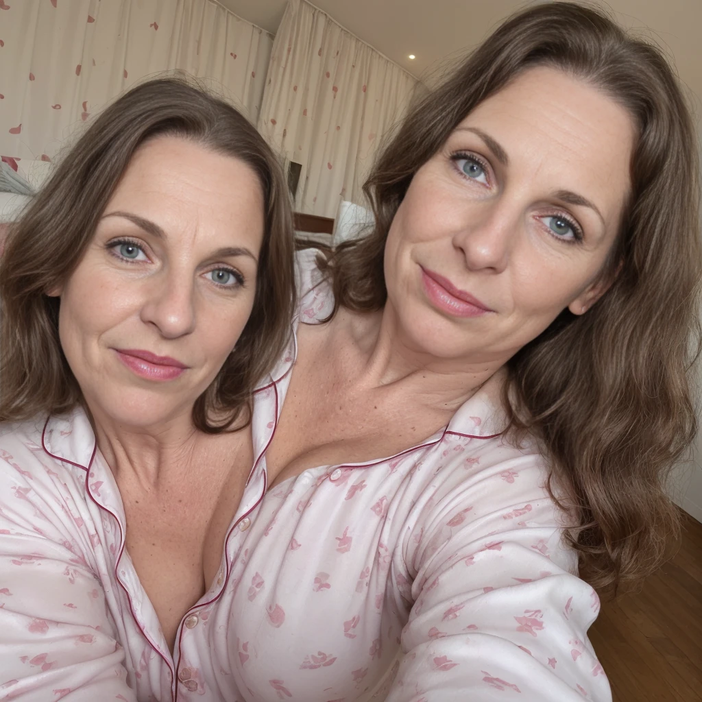 1 girl, solo, Liechtensteiner woman, Old woman, her name is Lissa, (((50 years old woman))), (mother), (((wrinkles))), ((brunette)), ((fair skin)), ((rectangular face)), ((Liechtensteiner nose)), ((big plump lips)), ((high cheeks)), ((medium hair)), ((wearing pajama)), ((background: indoor in Europe))