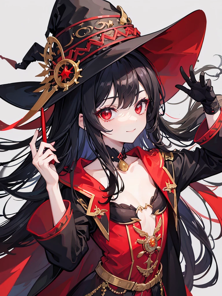 woman, red eyes, long curry wauy black hair, arrogant, independent woman. smile. wear witch costume and hat.