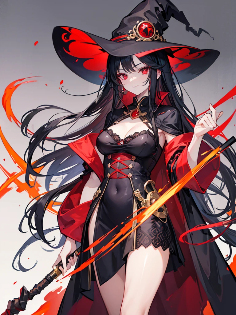 woman, red eyes, long curry wauy black hair, arrogant, independent woman. smile. wear witch costume and hat.