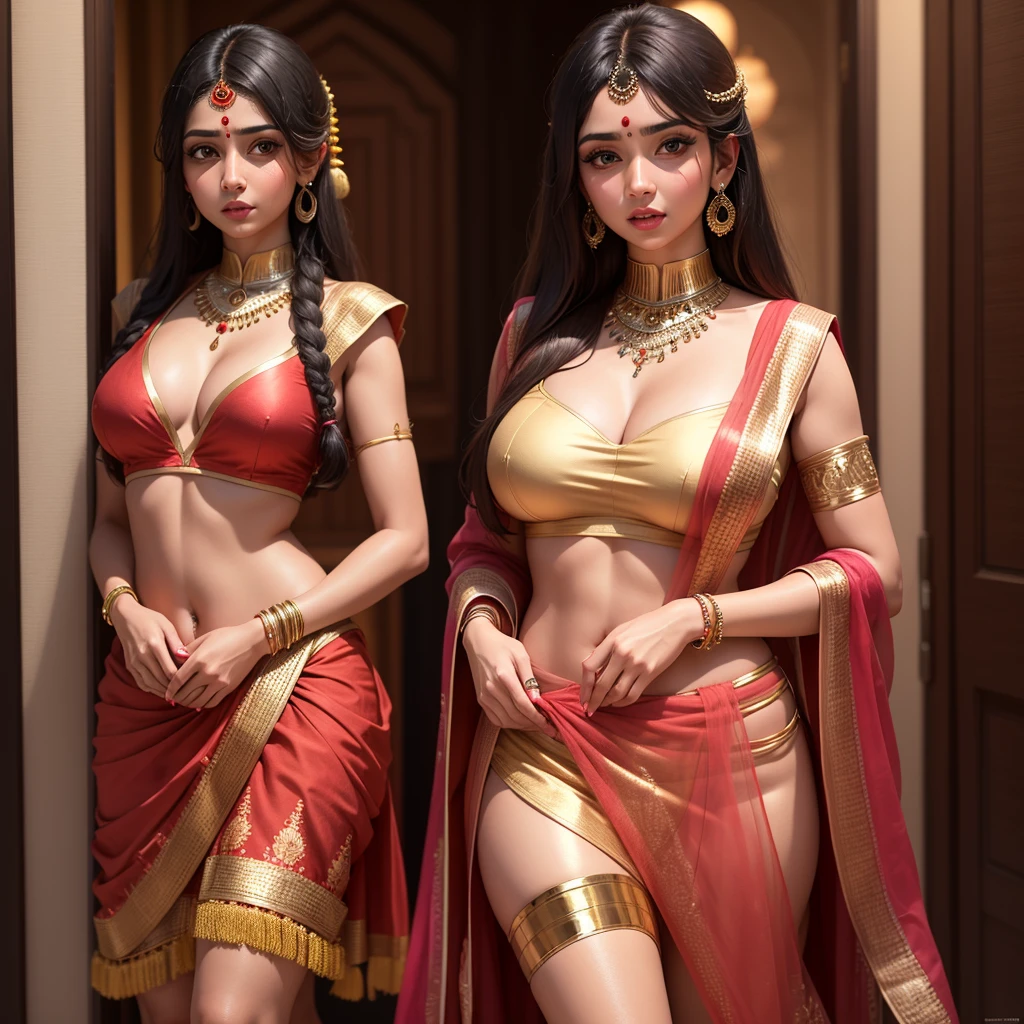 Ultra hd, full hd 8k regulations, masterpiece, ultra realistic, hyuga Hinata, An Extremely Realistic cute Indian Woman, a very beautiful, Indiana, Indian lehenga and big breasts covering with blouse tops and skirts full body, Indian Makeup, wearing jewelry, Indian themed background 