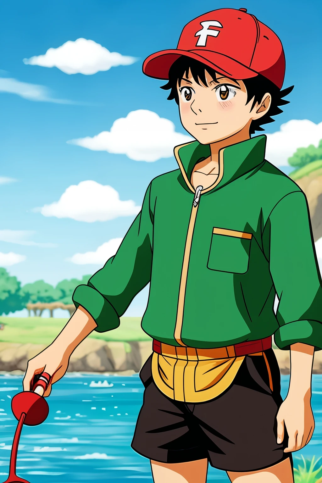 ((anime)) pokemon trainer boy short hair fishing



