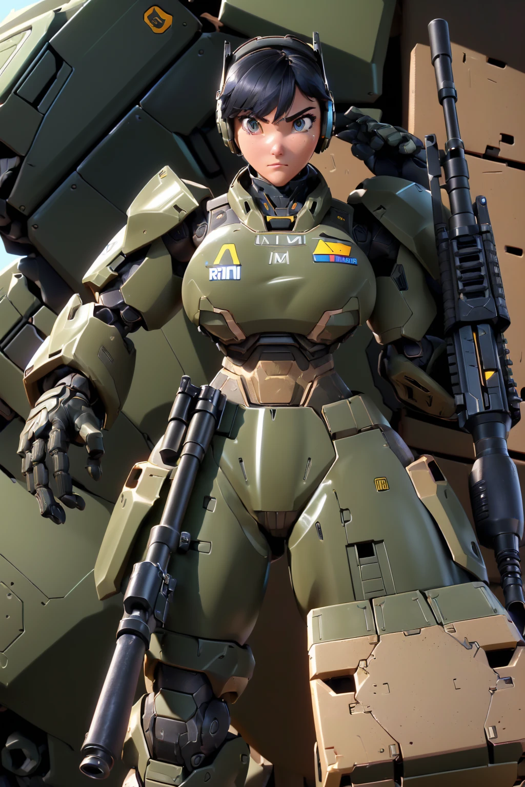 ((best quality, 8K, masterpiece: 1.2, Extremely detailed, , Heavy mech, Hard Surface)), (Armored Core Style: 1.0), (Big  woman and U team.s.Military robot armor GLOssY BLACK) ,(((aim a rifle at something:1.4))),(((Looking through the rifle&#39;s sights:1.4))),(((Bold:1.5))),(Armor has U.s. Logo. ..:1.4),(Open tactical helmet:1.3),(One eye detail:1.3),(A face in detail:1.3),(weapon details:1.3),(body details:1.3),(Full Body Love:1.5 ),(The background is a war city.:1.5),Nature，huge , Crazy breast swelling, Chest larger than shoulder blades, Big breasts and thin waist，(huge breasts:1.2)，Hydrated skin（（rogue））（（非常huge乳房）），（（Grooves reveal original skin）)