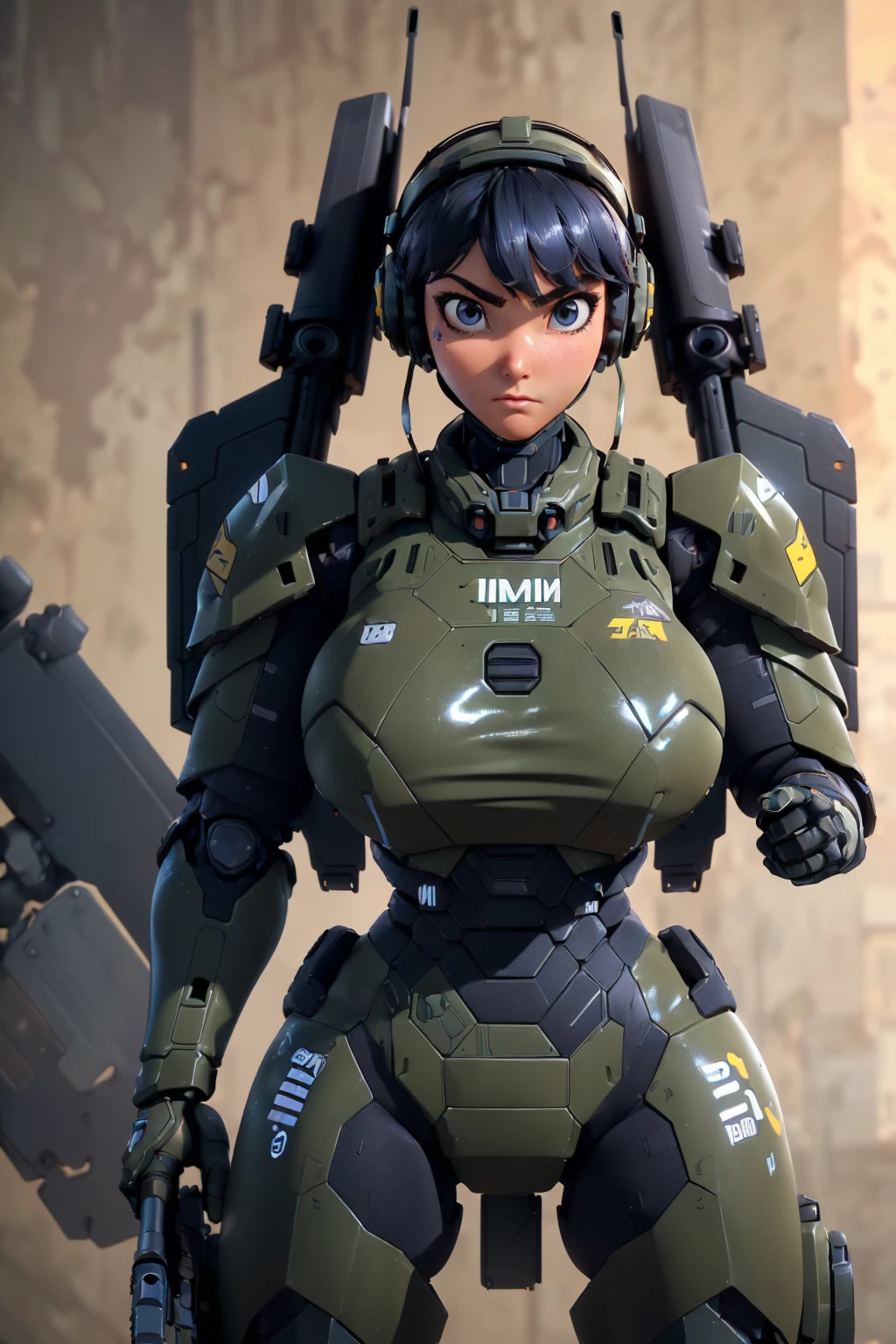 ((best quality, 8K, masterpiece: 1.2, Extremely detailed, , Heavy mech, Hard Surface)), (Armored Core Style: 1.0), (Big woman and U team.s.Military robot armor GLOssY BLACK) ,(((aim a rifle at something:1.4))),(((Looking through the rifle's sights:1.4))),(((Bold:1.5))),(Armor has U.s. Logo. ..:1.4),(Open tactical helmet:1.3),(One eye detail:1.3),(A face in detail:1.3),(weapon details:1.3),(body details:1.3),(Full Body Love:1.5 ),(The background is a war city.:1.5),Nature,huge , Crazy breast swelling, Chest larger than shoulder blades, Big breasts and thin waist,(huge breasts:1.2),Hydrated skin((rogue))((非常huge乳房)),((Grooves reveal original skin))