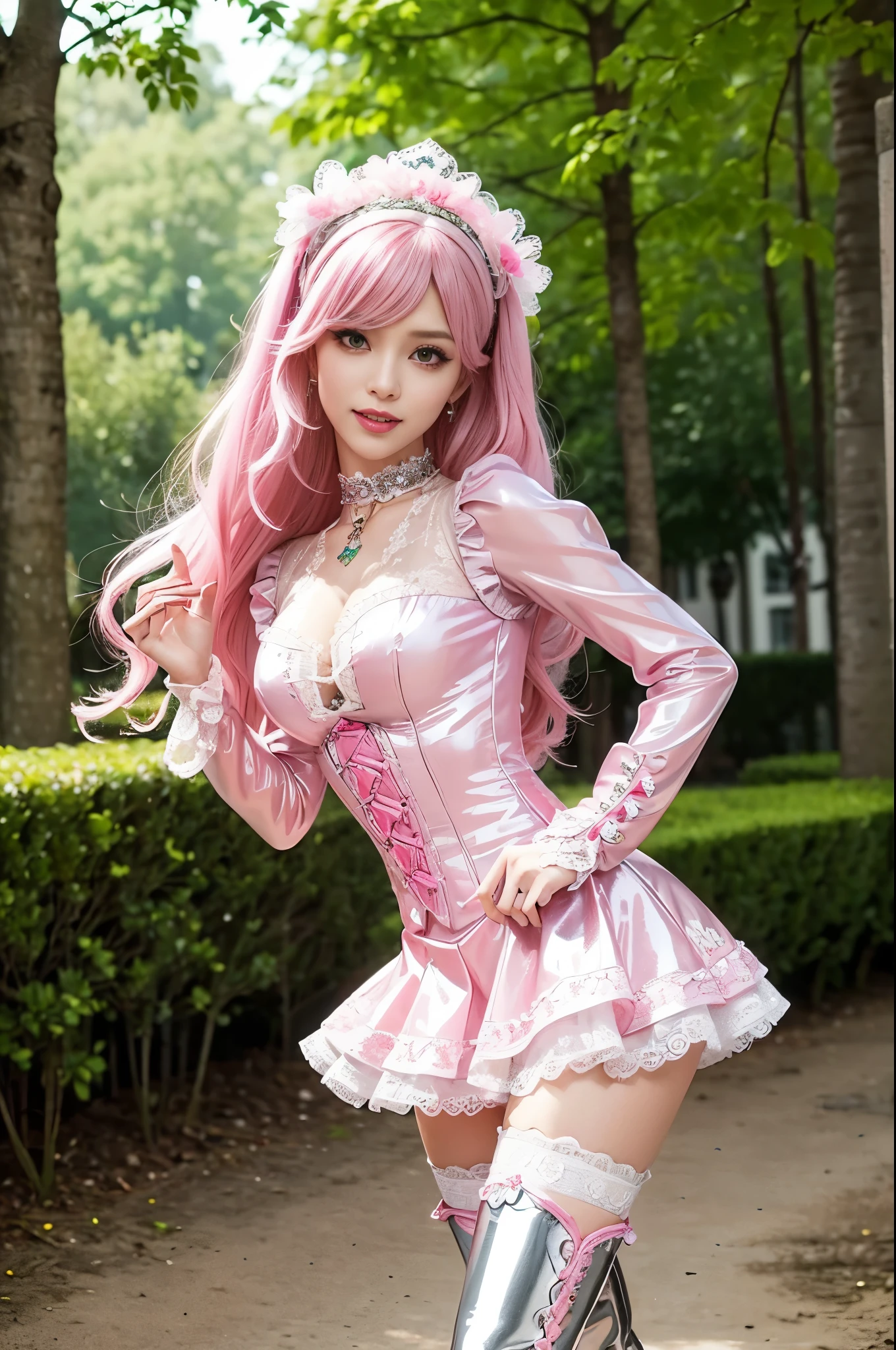 sexy stylish Swedish model, only 1 female, ((doll-like appearance)), long neon pink stylish hair, ((shiny Victorian-Style boots)), (happy smile), very detailed eyes, vivid eye makeup, lipgloss, long lashes, defined eyebrows, ((sexy Paradise Kiss cosplay)), bell-shaped skirt, petticoats, high neckline, puffed sleeves, (( ultra detailed lace)), ((ultra detailed embroidery)), intricate details, Paradise Kiss accessoires and matching headpiece, choker, ((large sparkling Paradise Kiss jewelry)), cinematic light, detailed large park background with trees