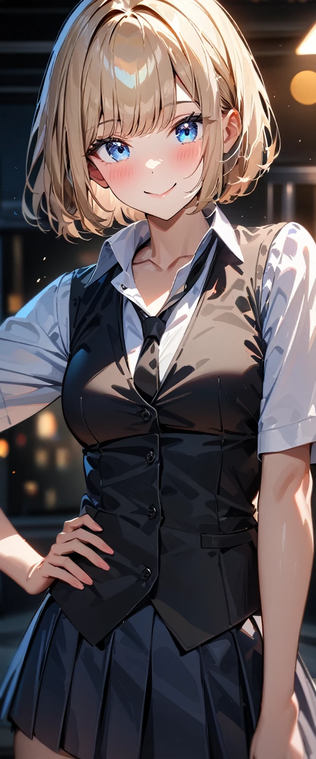 (((One girl))), blond hair, bob cut, (cowboy shot), (looking at viewer), ((open collar:1.3)), ((black tie under the waistcoat)), face in focus, teenager, head tilt:1.3, (((blue eye))), ((happy smile)), ((blush)), contrapposto, one hand on hip, school summer uniform, white shirts, skirt, black waistcoat, anime style, (best quality, 4k, 8k, highres, masterpiece:1.2, ultra-detailed, ultra-detailed eyes, HDR, UHD, studio lighting, ultra-fine painting, sharp focus, physically-based rendering, extreme detail description, professional, vivid colors, bokeh)