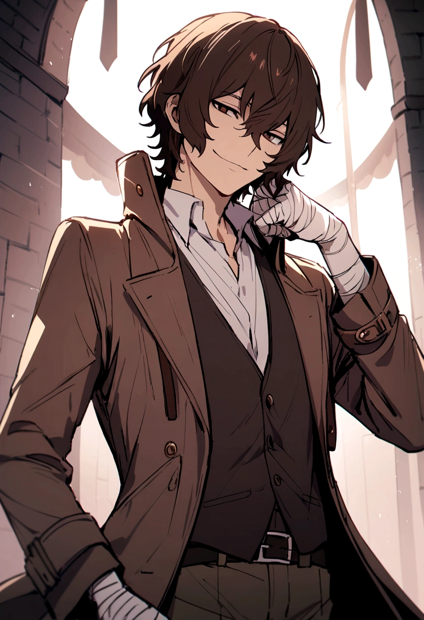 dazai, male focus, 1boy, brown hair, brown eyes, bandages, hair between eyes, shirt, pants, coat, short hair, vest, bandaged arm, smirk,